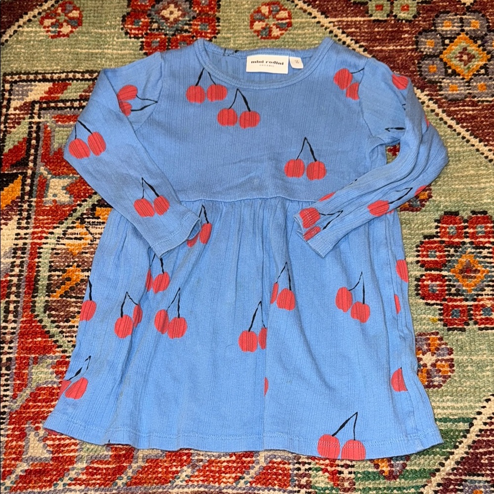 Mini Rodini Blue Dress with Red Cherry Pattern